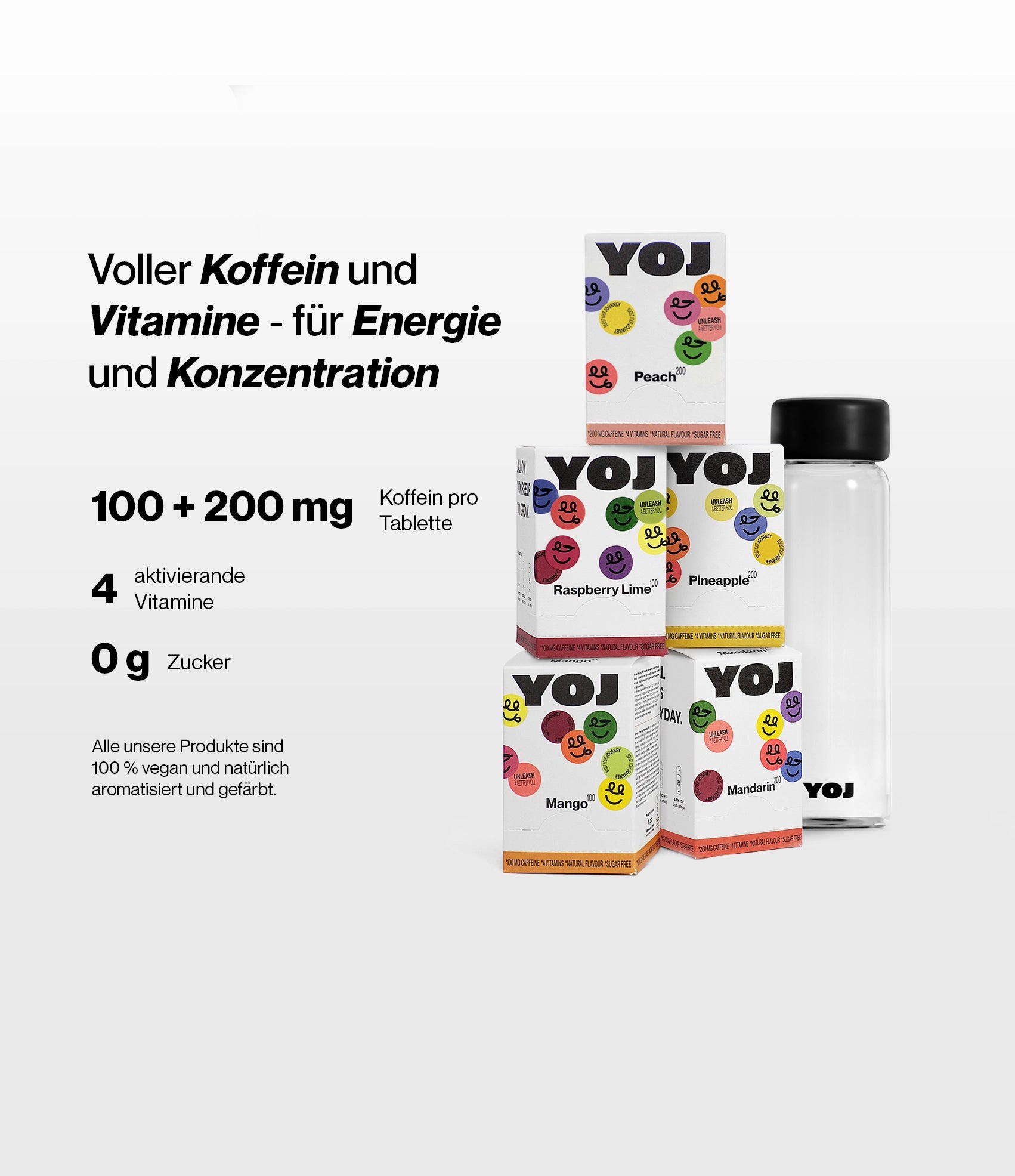 Alle Geschmacksrichtungen und Flasche mit schwarzer Deckel.