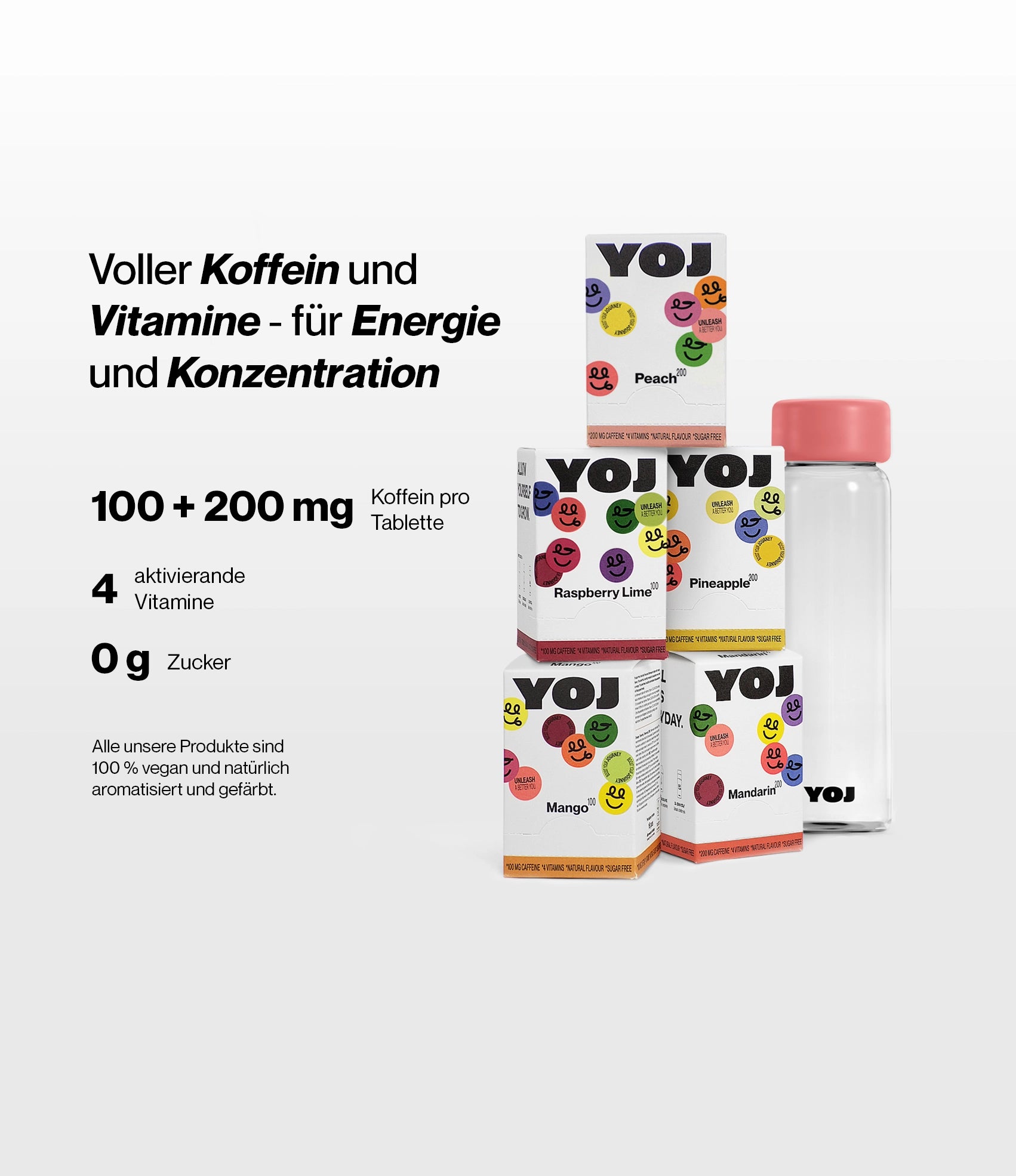 Alle Geschmacksrichtungen und Flasche mit rosa Deckel.