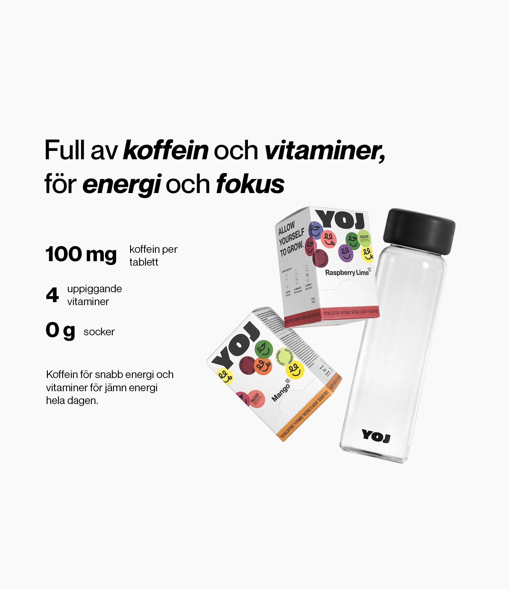 Alla smaker med 100 mg och flaska med svart lock