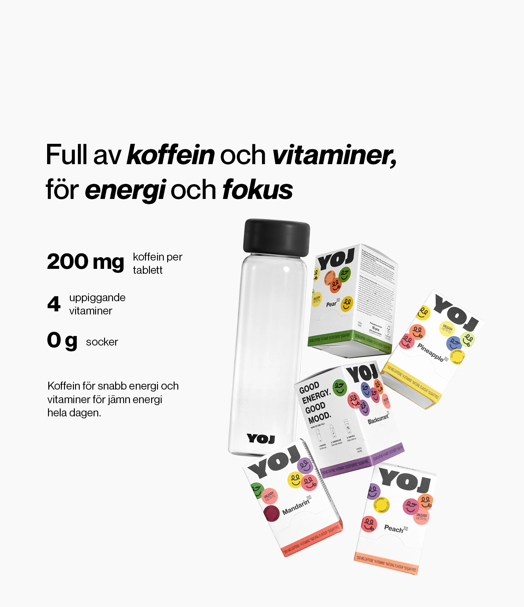 Alla smaker med 200 mg koffein och flaska med svart lock