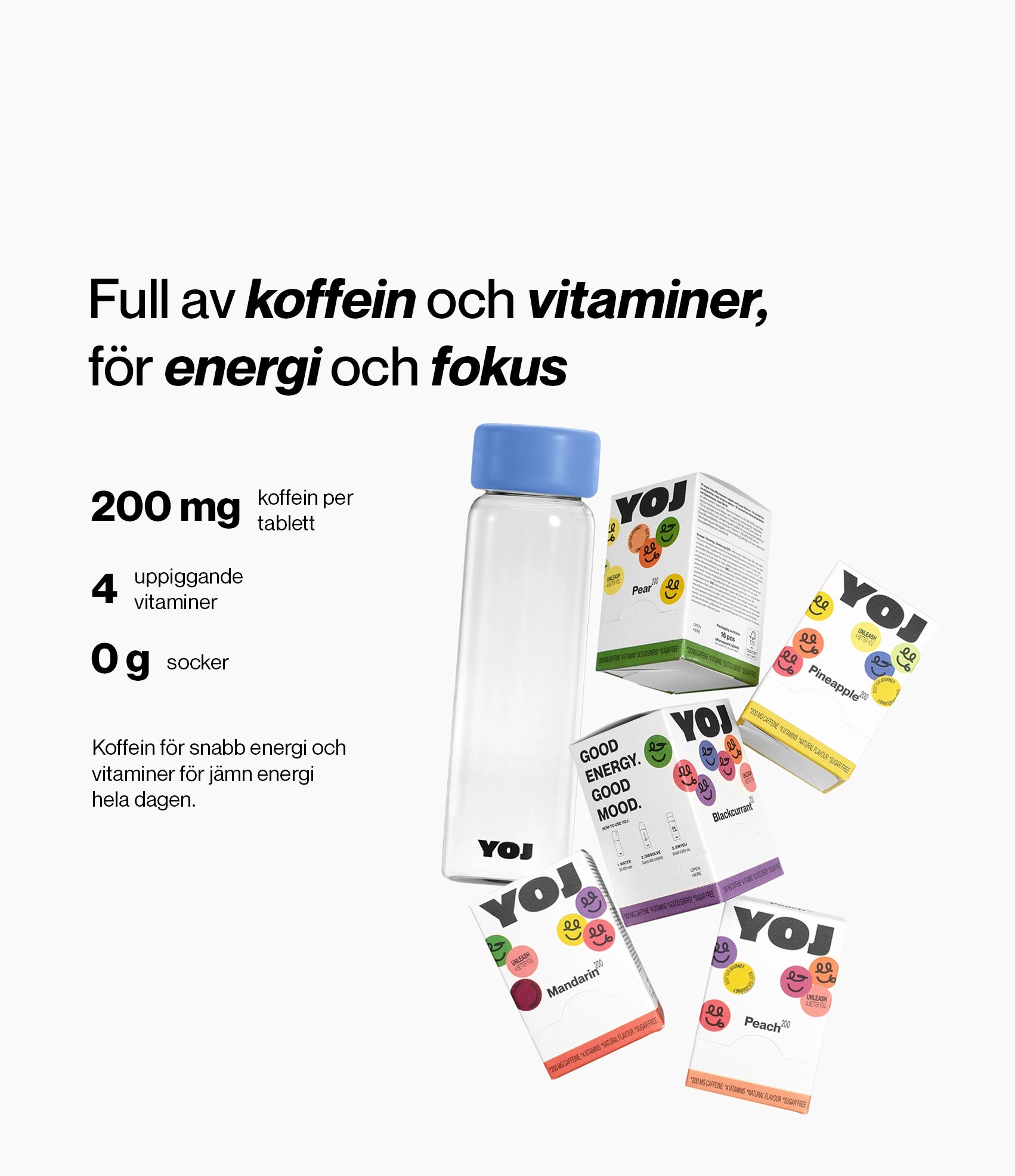 Alla smaker med 200 mg koffein och flaska med blått lock