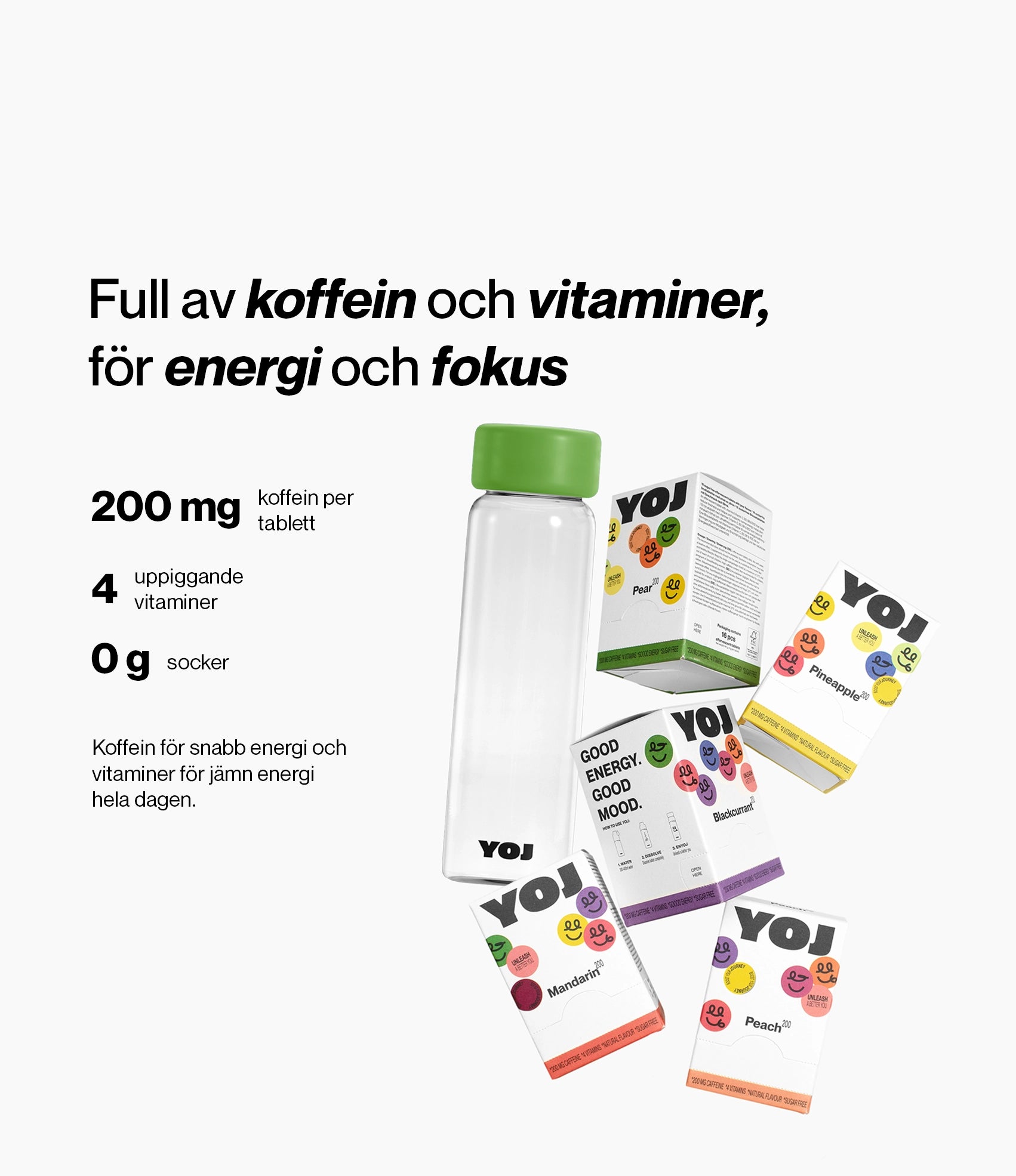 Alla smaker med 200 mg koffein och flaska med grönt lock