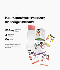 Alla smaker med 200 mg koffein och flaska med rosa lock