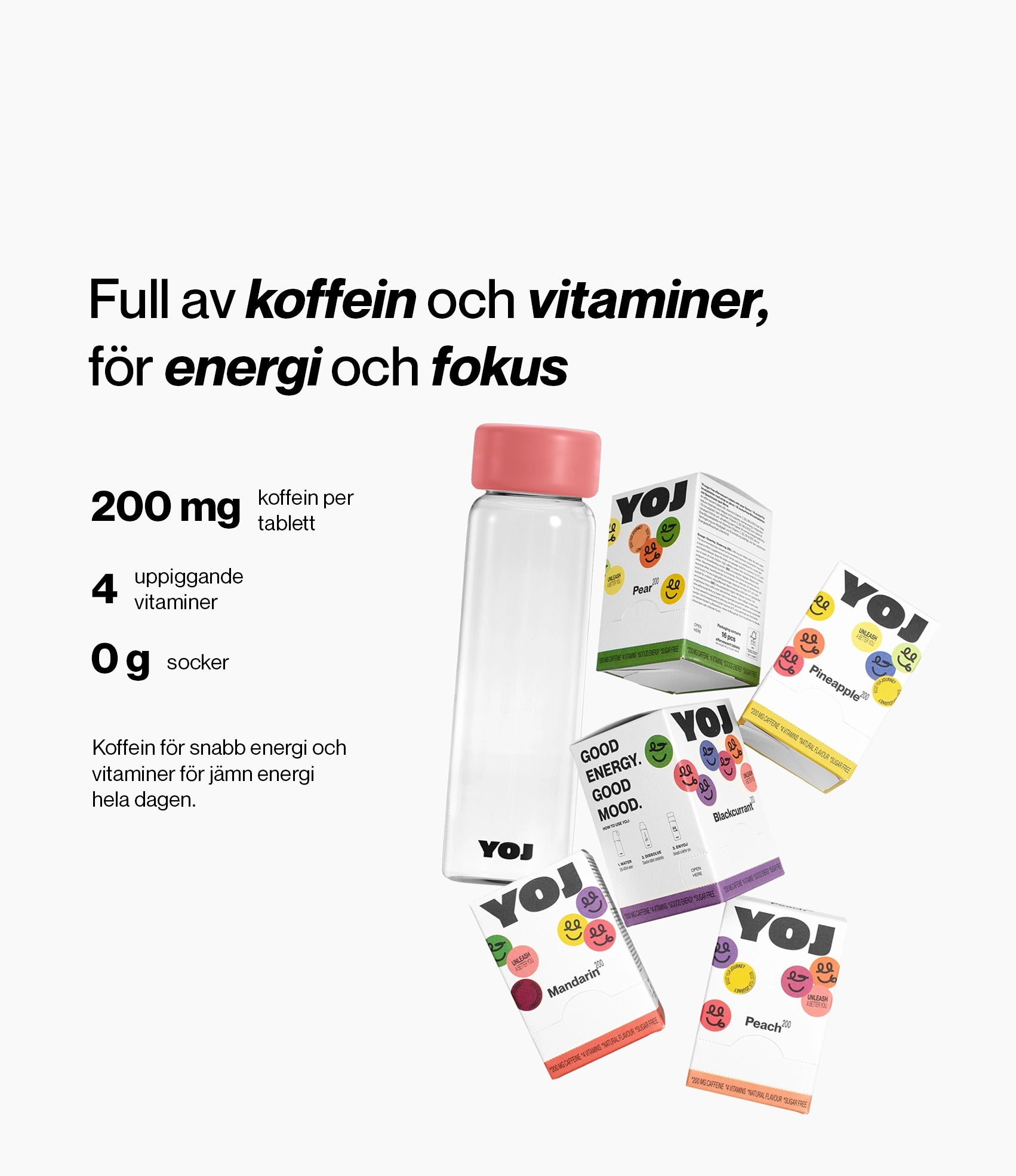 Alla smaker med 200 mg koffein och flaska med rosa lock