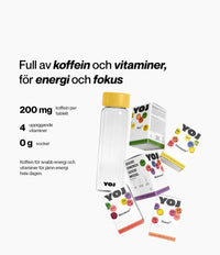 Alla smaker med 200 mg koffein och flaska med gult lock