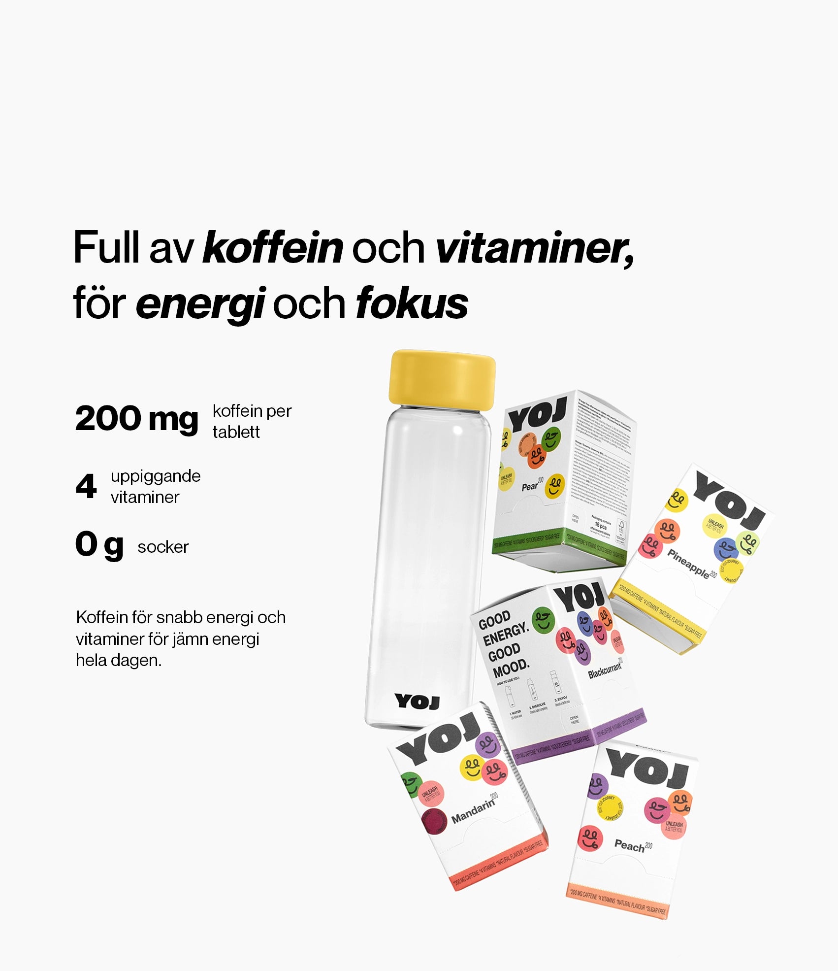 Alla smaker med 200 mg koffein och flaska med gult lock