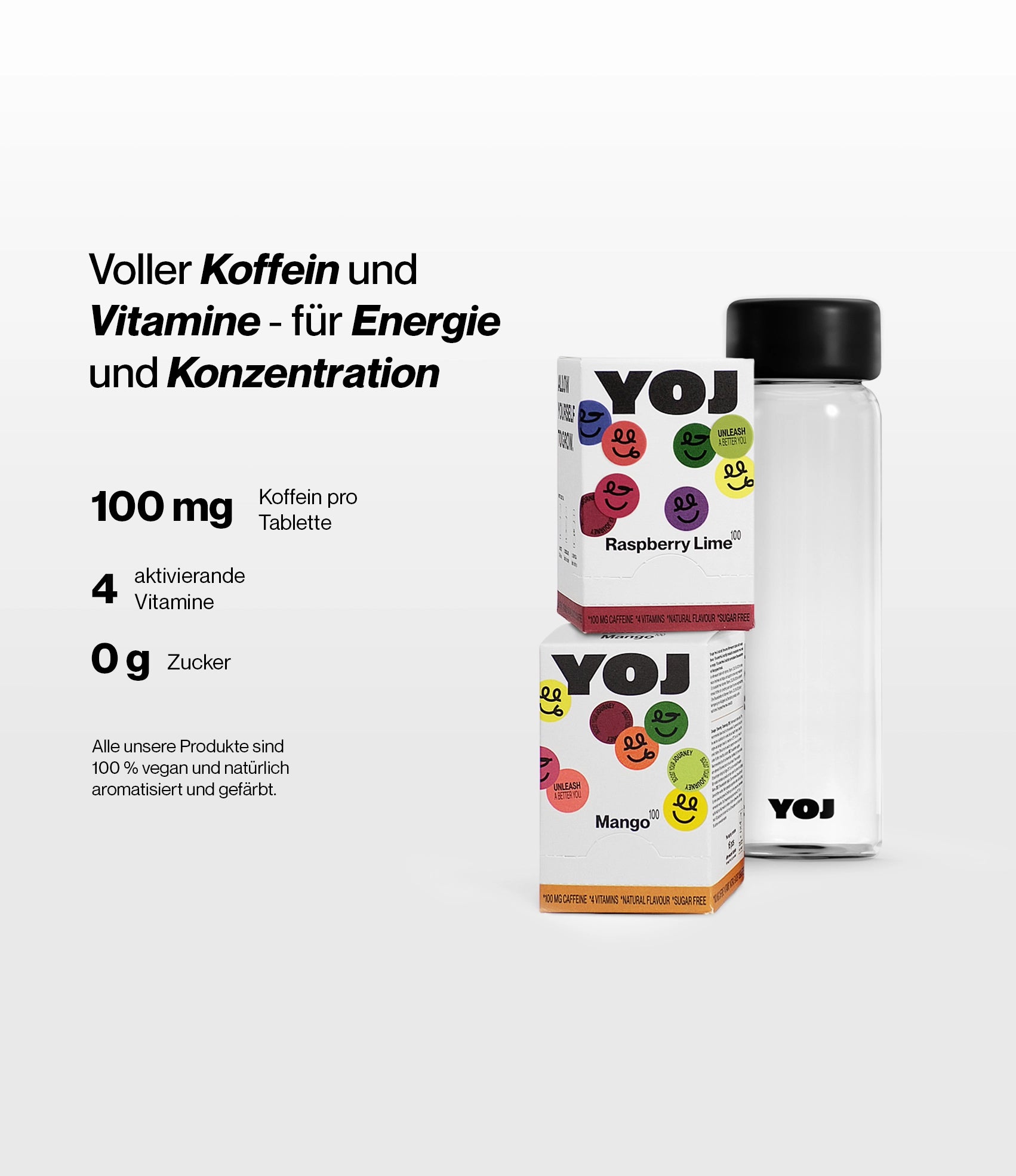 Alle Geschmacksrichtungen mit 100 mg und Flasche mit schwarzer Deckel.