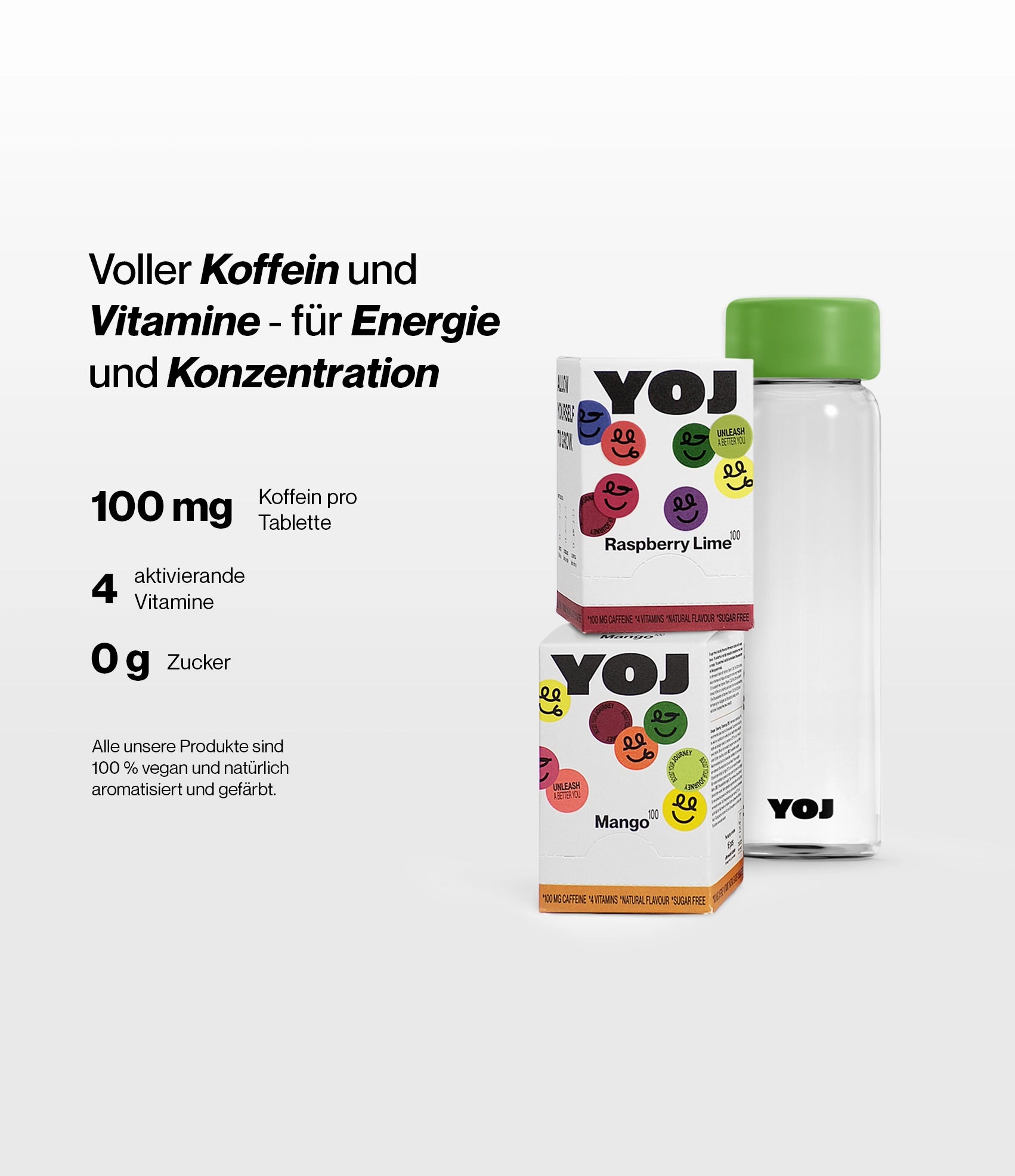 Alle Geschmacksrichtungen mit 100 mg und Flasche mit grünem Deckel.