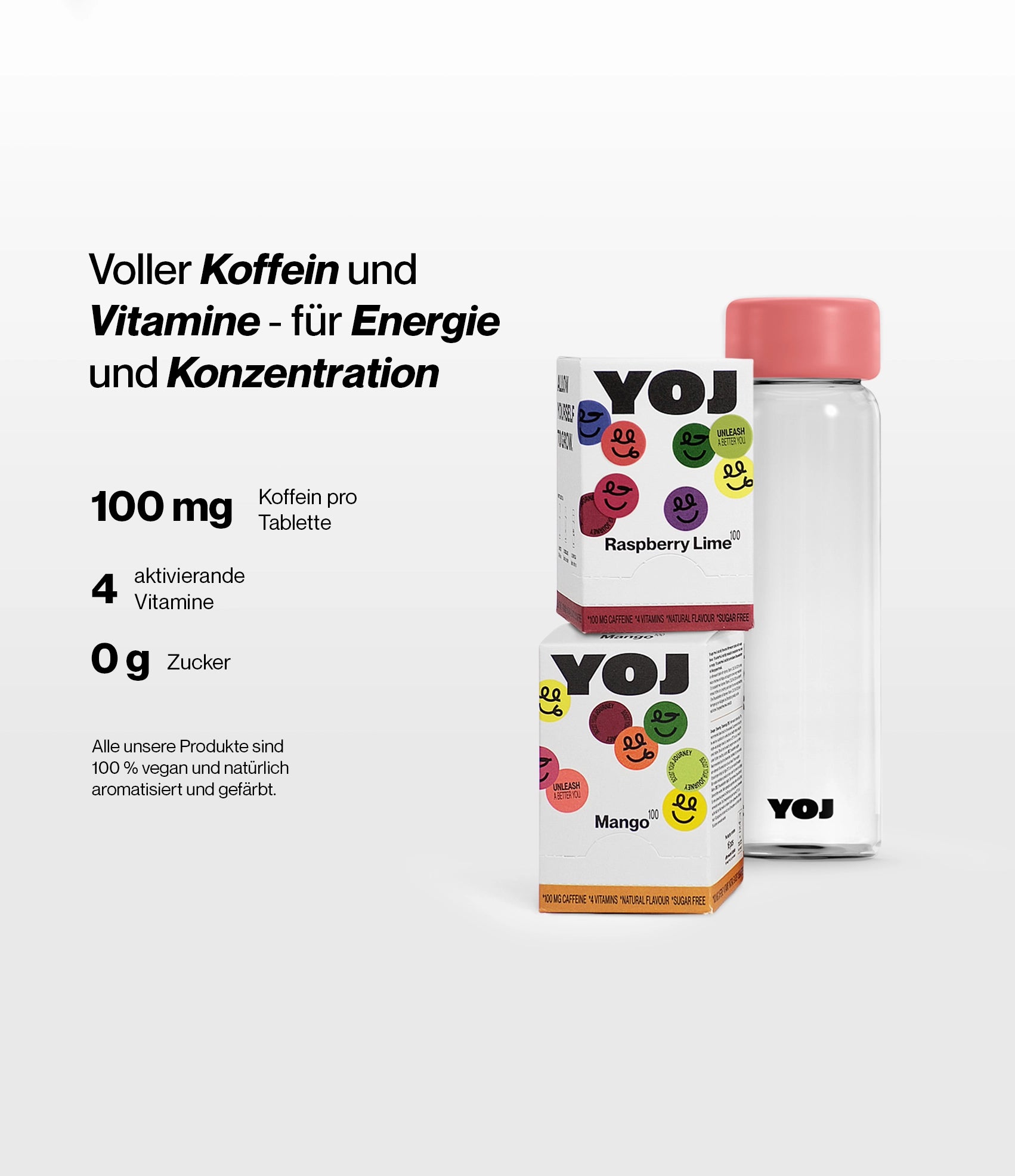 Alle Geschmacksrichtungen mit 100 mg und Flasche mit rosa Deckel.