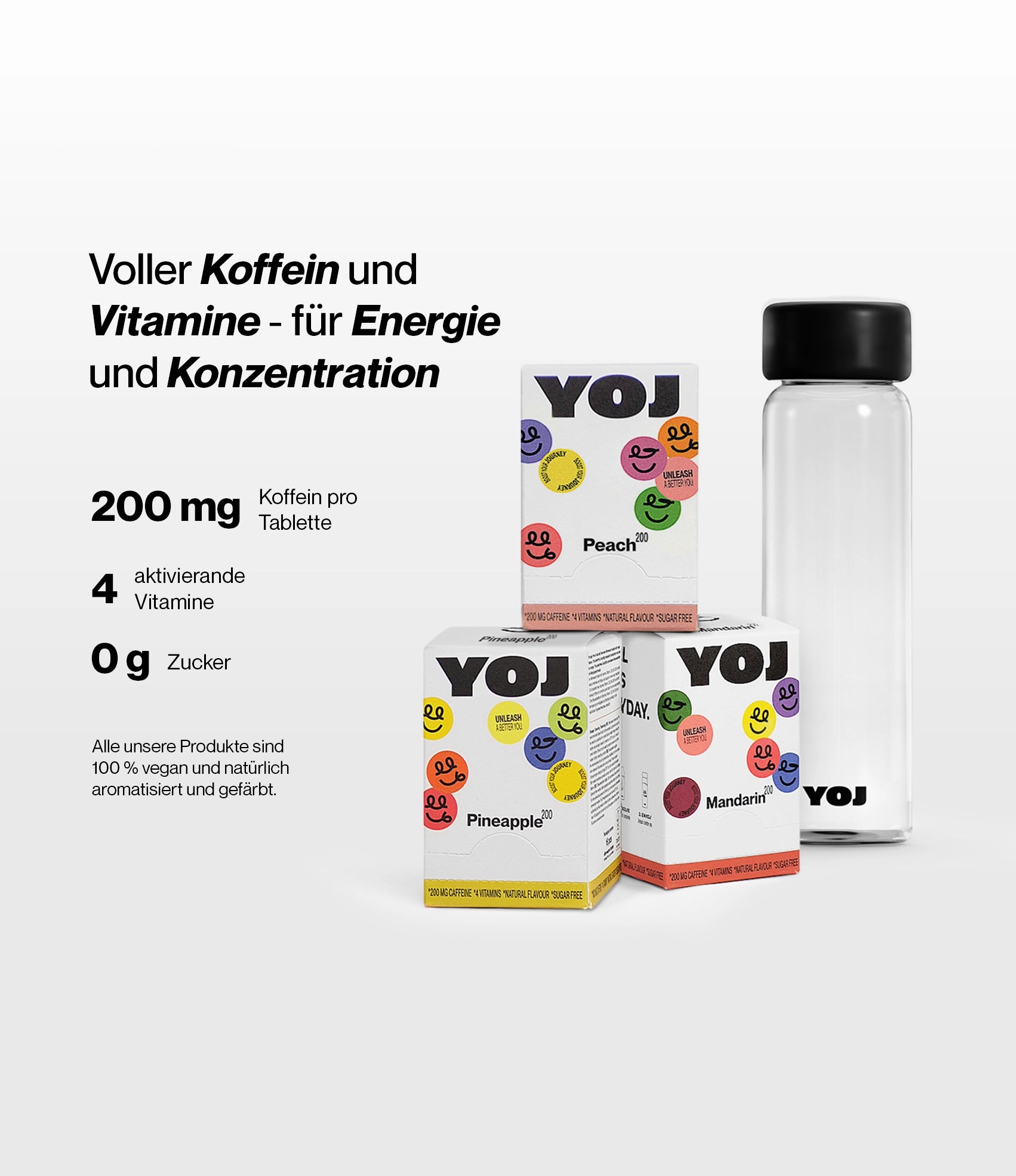 Alle Geschmacksrichtungen mit 200 mg und Flasche mit schwarzer Deckel.