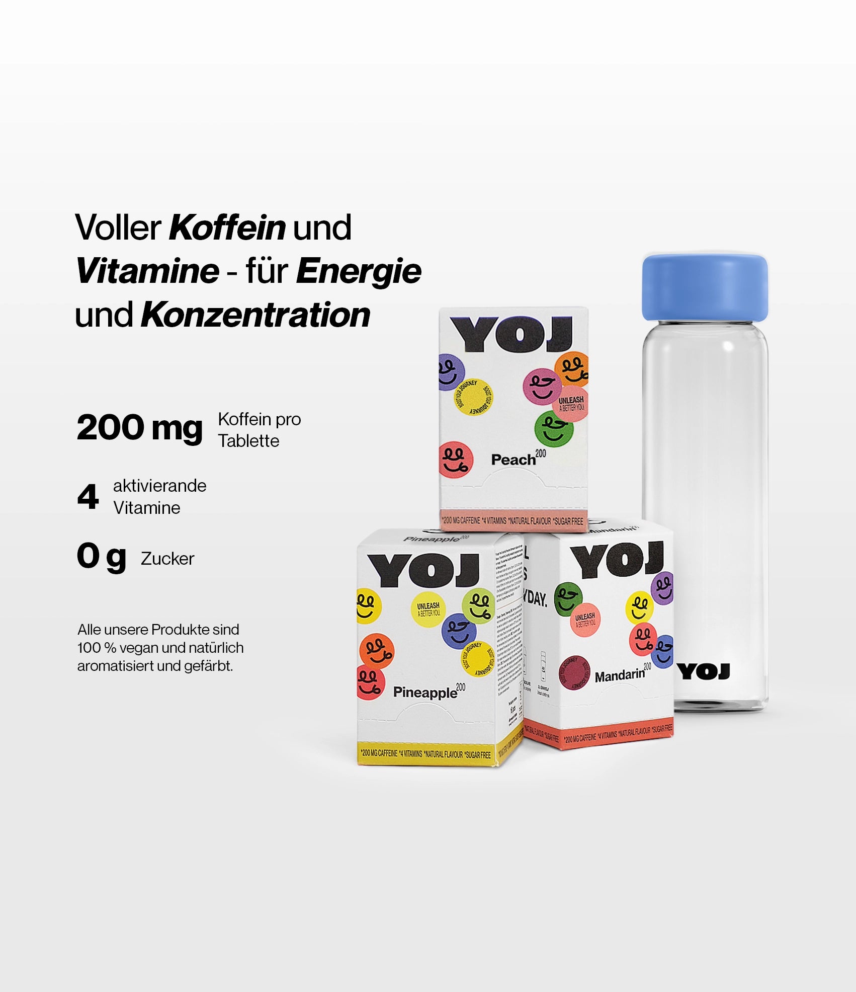 Alle Geschmacksrichtungen mit 200 mg und Flasche mit blauer Deckel.