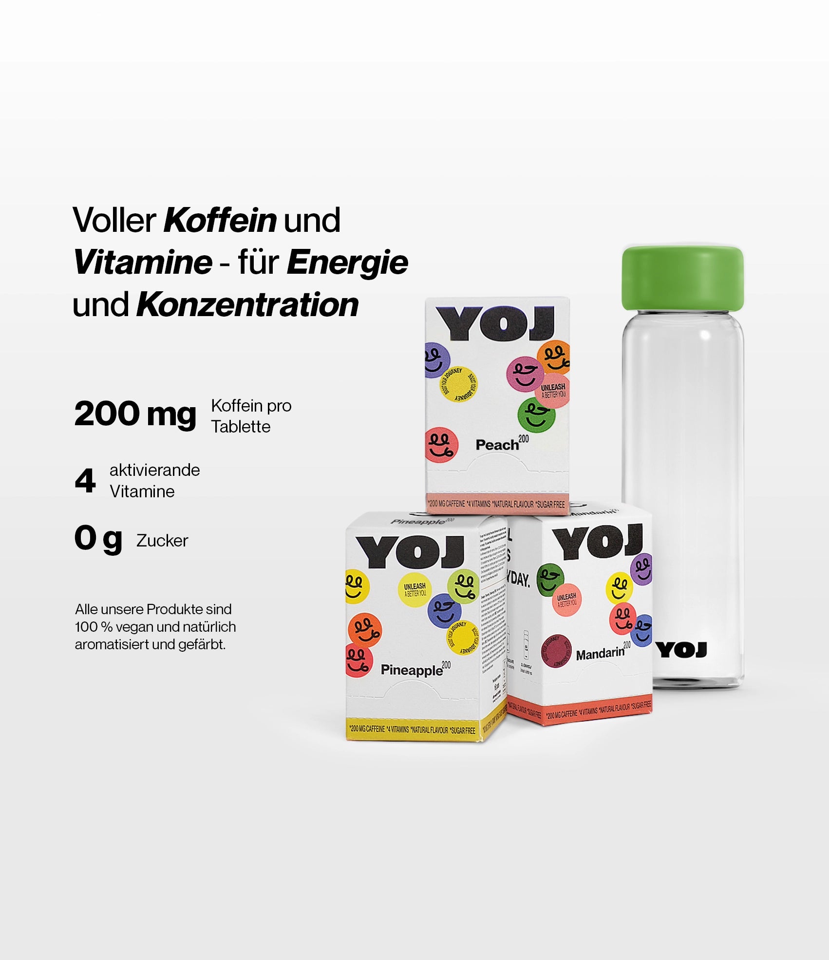 Alle Geschmacksrichtungen mit 200 mg und Flasche mit grünem Deckel.