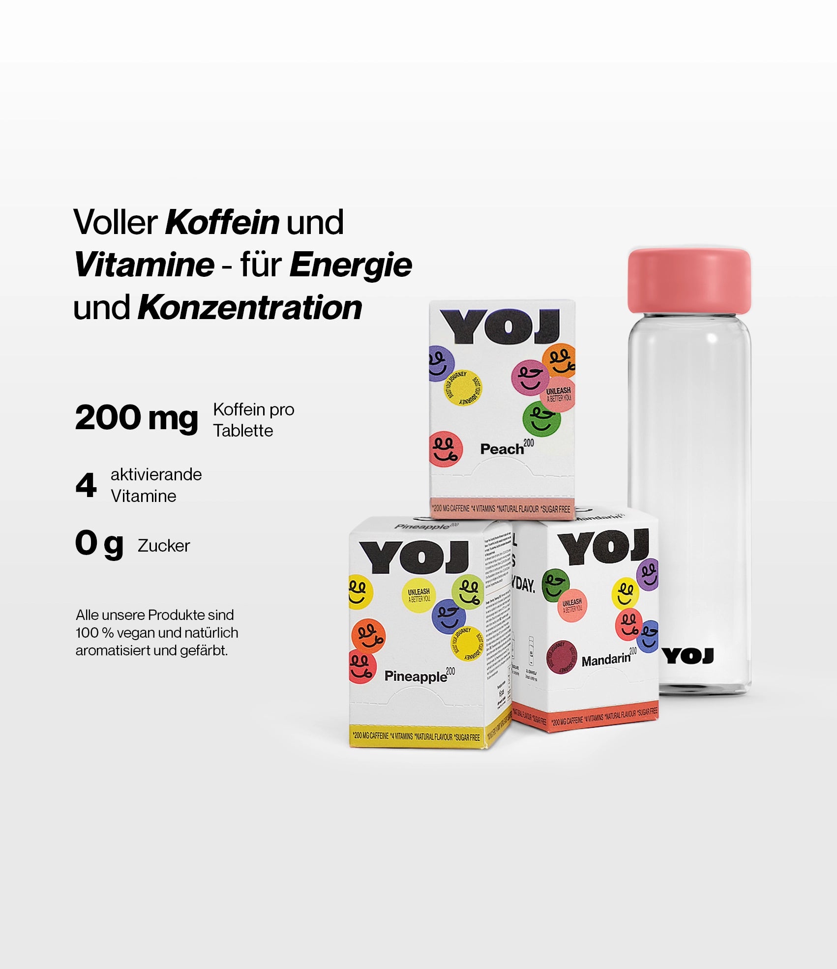 Alle Geschmacksrichtungen mit 200 mg und Flasche mit rosa Deckel.